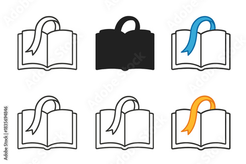Colorful Bookmark Ribbon Designs. Curved bookmark ribbon looping from book spine across page top, graceful flow design, first in