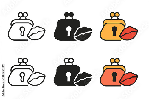 Stylish Purse Clasp Icons. Purse clasp shaped like keyhole with lipstick mark beside it, chic modern icon, first in line style