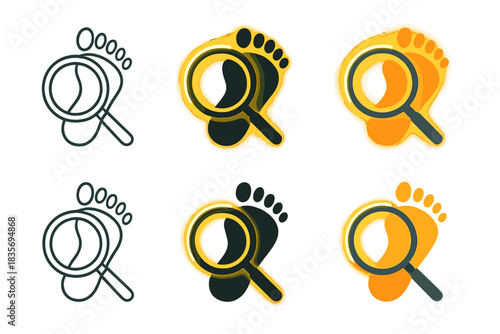 Footprint Analysis Styles. Footprint partially inside magnifying circle, glowing edge of clue highlight, first in line style with