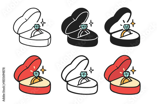 Heart Ring Box Styles. Heart-shaped ring box slightly tilted open, bright reflection from stone, first in line style with thin