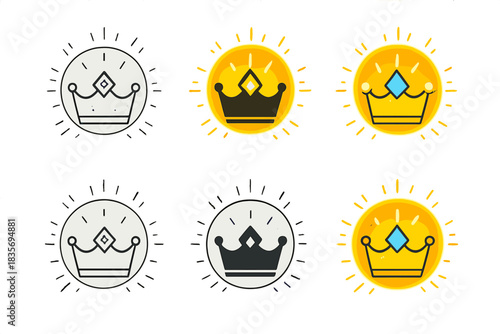 Crown Icon Variations. Crown icon encircled by glowing aura of power, central gemstone shining, first in line style with thin