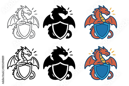 Dragon Shield Variations. Dragon perched atop shield, tail coiling around edge, radiating aura of protection, first in line style