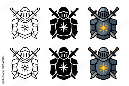 Knight's Armor Jewel. Knight’s armor with sword and shield crossed behind, glowing mark of honor centered, first in line style