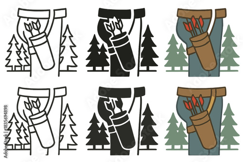 Stylized Hunter's Quiver. Quiver hanging from hunter’s belt, forest tree silhouettes behind, clean balanced design, first in line