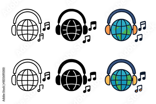 Global Music Connection. Headphones connected to a globe with streaming notes, first in line style with thin outline, second in