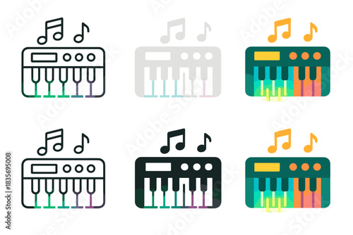 Electric Piano Styles. Electric piano with glowing keys and music symbols, first in line style with thin outline, second in solid