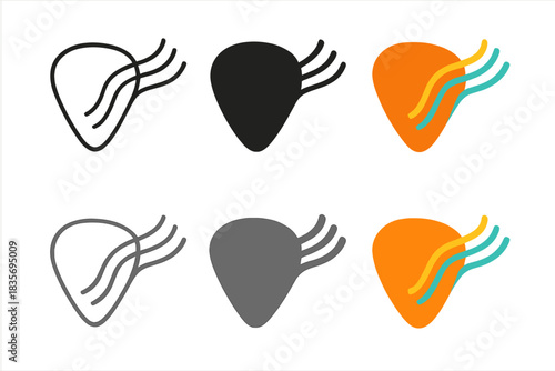 Colorful Guitar Designs. Stylized guitar pick and string chord illustration, first in line style with thin outline, second in