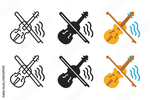 Violin Icon Variations. Bow and violin icon with motion lines showing sound waves, first in line style with thin outline, second