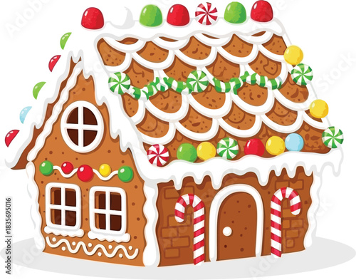 Festive gingerbread house adorned with colorful candies and icing, a sweet holiday decoration.