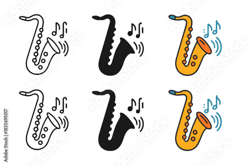 Stylized Saxophone Waves. Jazz saxophone with stylized sound waves and rhythm lines, first in line style with thin outline, second
