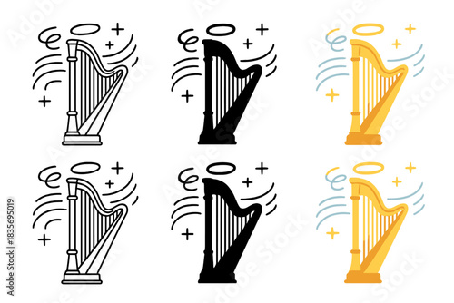 Melodic Harp Styles. Orchestral harp with flowing melody lines and angelic aura, first in line style with thin outline, second in