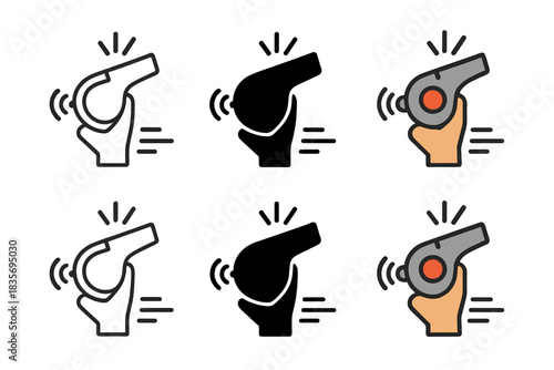 Referee Whistle Icons. Whistle and referee hand icon with sound arcs and motion lines, first in line style with thin outline,
