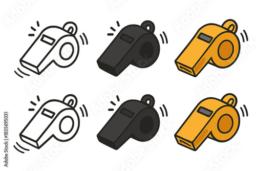 Whistle Style Variations. Classic metal whistle with motion lines and vibration marks, first in line style with thin outline,