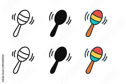 Colorful Maracas in Motion. Colorful maracas with motion lines and sound arcs, first in line style with thin outline, second in