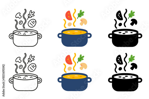 Radiant Soup Harmony. Soup pot with glowing steam waves and floating ingredients, first in line style with thin outline, second in