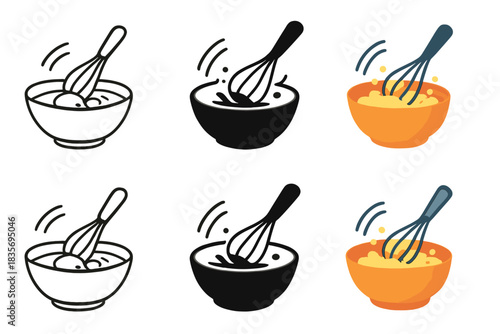 Whipped Egg Animation Styles. Egg being whipped in bowl with animated froth and motion arcs, first in line style with thin outline
