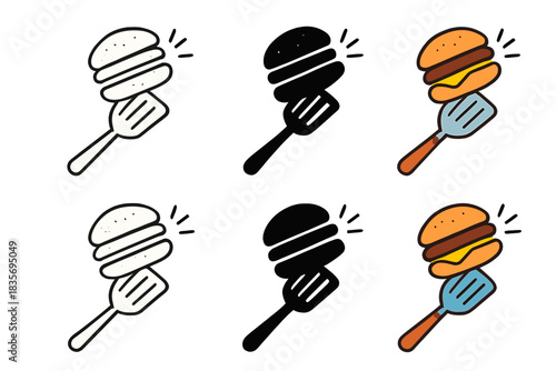 Spatula Flips Burger. Stylized spatula with burger mid-flip and animated motion lines, first in line style with thin outline,
