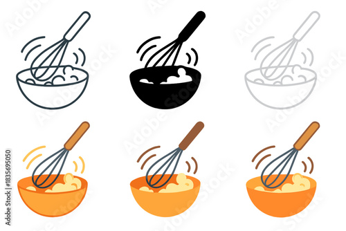 Stylized Whisking Styles. Stylized whisk and egg bowl with foamy froth and motion arcs, first in line style with thin outline,