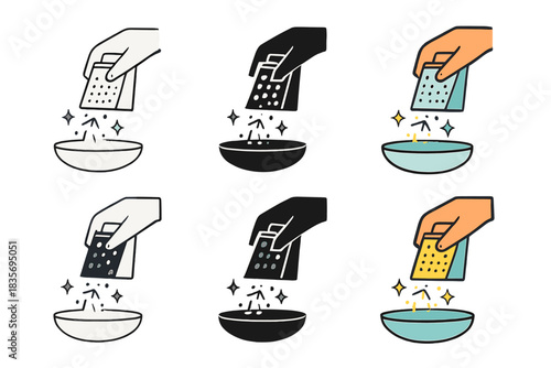 Cheese Grating Styles. Hand grating cheese over bowl with falling shreds and spark lines, first in line style with thin outline,