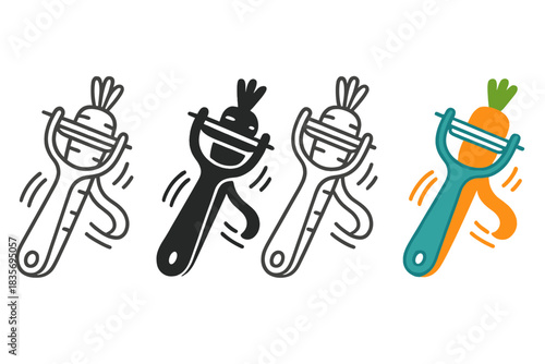 Peeler Styles in Action. Stylized peeler with carrot and motion lines showing peeling action, first in line style with thin