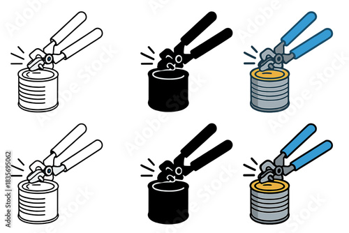 Can Opener Artistry. Manual can opener cutting open a tin can with motion lines, first in line style with thin outline, second in