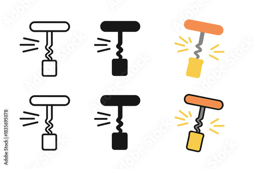 Corkscrew Icon Styles. Stylized corkscrew icon with popping wine cork and motion lines, first in line style with thin outline,