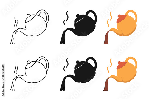 Teapot Art Variations. Pouring teapot with liquid flowing and aromatic steam arcs, first in line style with thin outline, second