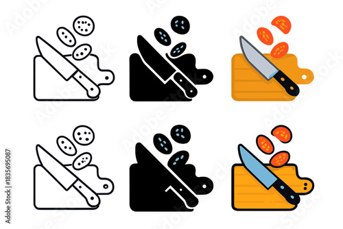 Food Prep Animation. Chopping board icon with knife and animated food slices flying, first in line style with thin outline, second