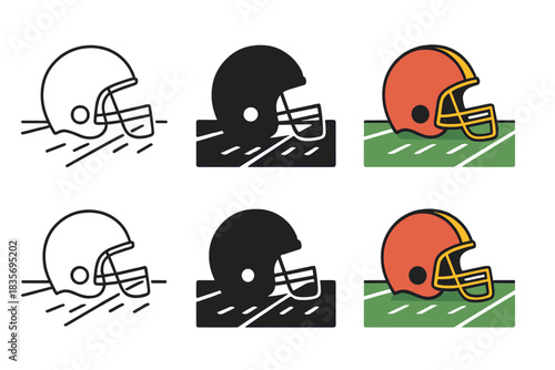Football Helmets Evolution. Helmet resting on turf beside football yard lines first in line style with thin outline, second in