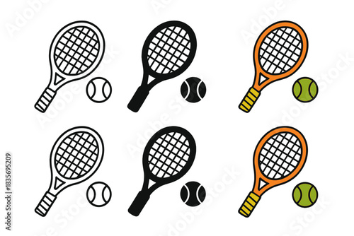 Tennis Gear Evolution. Close-up of racket frame and grip beside tennis ball first in line style with thin outline, second in solid