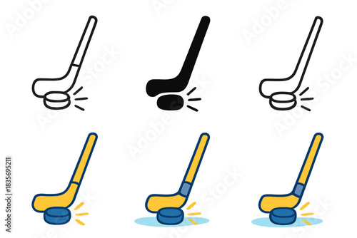 Hockey Stick Evolution. Hockey stick striking puck on ice surface first in line style with thin outline, second in solid style