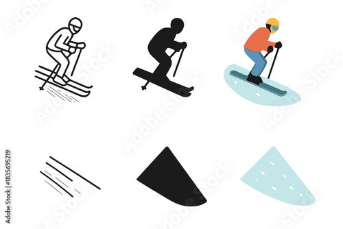 Colorful Ski Shadow Styles. Snowy slope with skier shadow and poles visible first in line style with thin outline, second in solid