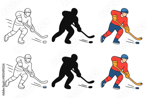 Dynamic Hockey Shot. Player shooting puck with motion streak lines first in line style with thin outline, second in solid style