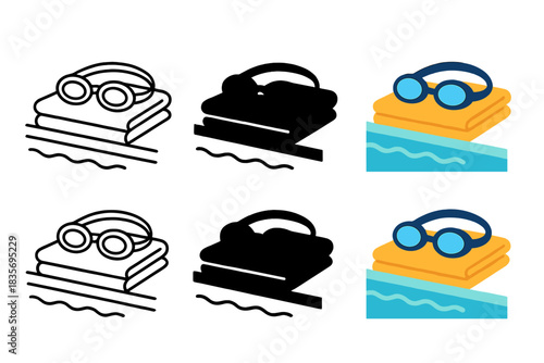 Poolside Goggles Art. Goggles resting on pool edge beside towel first in line style with thin outline, second in solid style