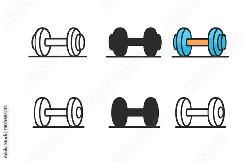 Stylized Dumbbell Progression. Single dumbbell resting on gym floor first in line style with thin outline, second in solid style