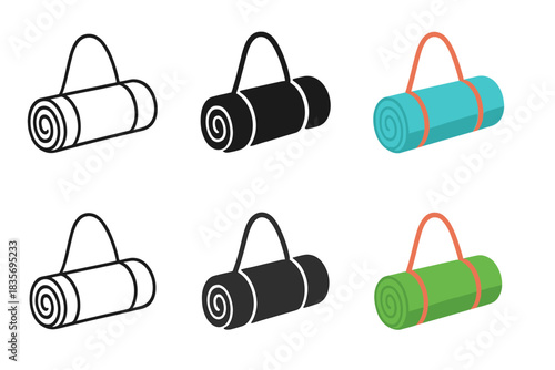 Yoga Mats Evolution. Folded yoga mat tied with carrying strap first in line style with thin outline, second in solid style filled