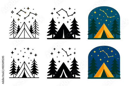 Forest Camp Under Stars. Forest silhouette with tent and sparkling constellations first in line style with thin outline, second in