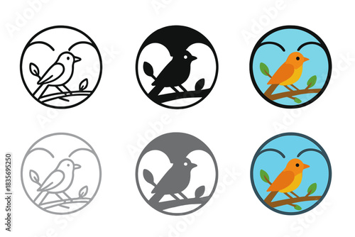 Birds Through Binoculars. Binoculars focused on bird perched on branch first in line style with thin outline, second in solid
