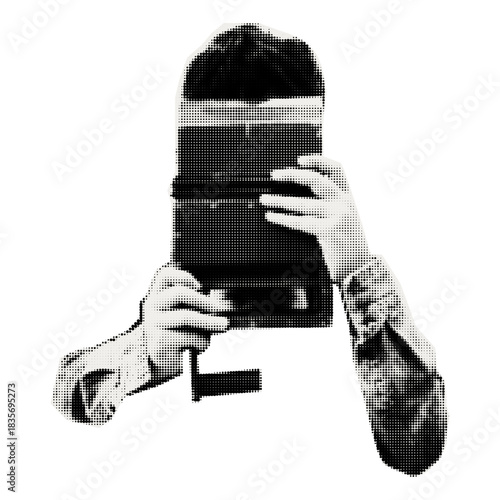 Vector collage element for mixed media design. Halftone texture human hand holding periscope. Person peers through vintage optical viewing device. 