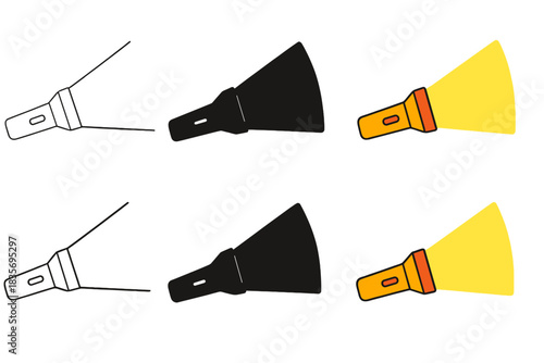 Diverse Flashlight Styles. Flashlight shining bright beam into darkness first in line style with thin outline, second in solid