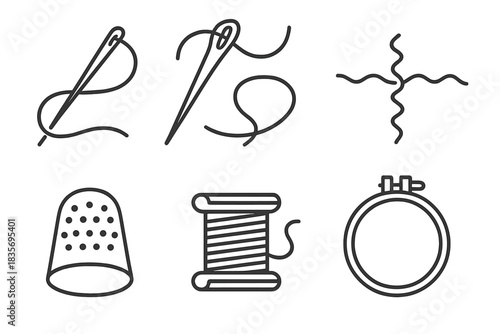 Fabric Joining Icons. Line style vector icons of fabric joining: piercing needle, guided thread flow, connected cloth ridge,