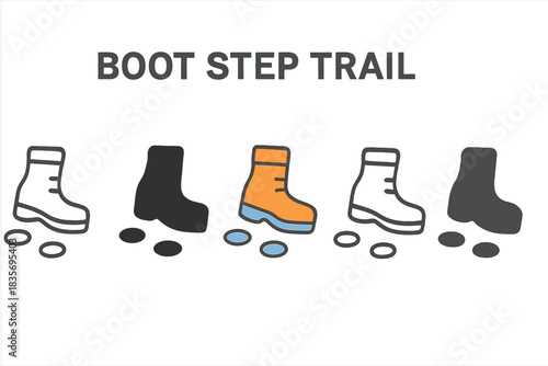 Stylized Boot Prints. Boot Step Trail first in line style with thin outline, second in solid style filled shape, third in flat