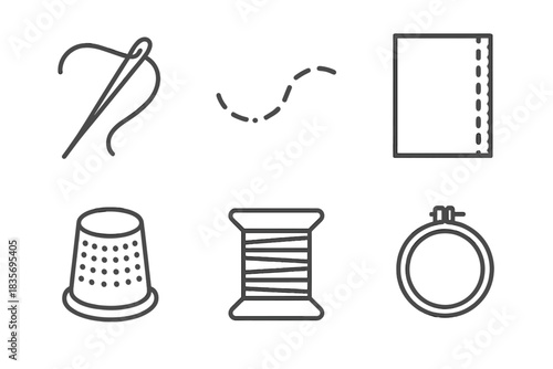 Sewing Tools Icons. Line style vector icons of thread needle sew: threaded needle, curved stitch line, fabric edge seam, thimble