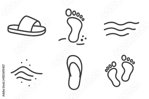 Coastal Slippers Vector Icons. Line style vector icons of breezy coastal slippers: open strap silhouette, seaside foot impression,
