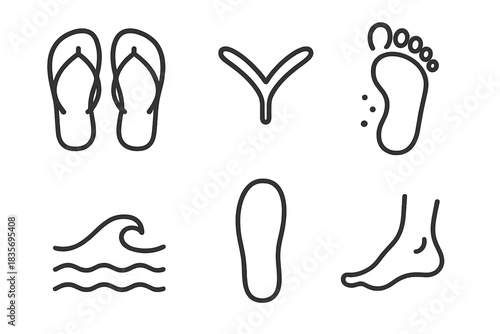 Beach Flip Flop Icons. Line style vector icons of flip flop sand beach: paired flip flops, toe strap curve, sandy footprint mark,