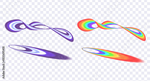 Bright, glowing neon and rainbow abstract rings, intertwined rings, circles, and lines on a transparent background. Vector illustration.