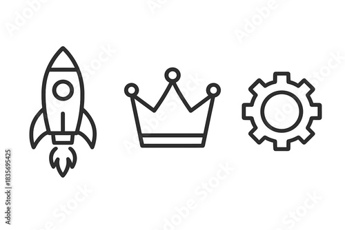 Rocket Crown Gear Icons. Line style vector icons of rocket crown gear: upright rocket body, pointed nose cone, regal crown shape,