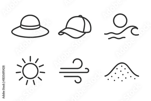 Coastal Summer Headpieces. Line style vector icons of coastal summer headpieces: open brim frame, clean hat peak, beach contour