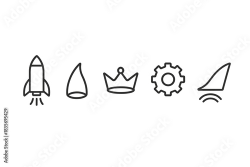 Rocket Machinery Icons. Line style vector icons of thrust crown machinery: ascending rocket shape, precise nose curve, symbolic