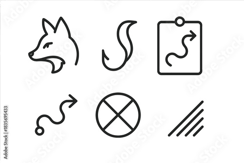 Crafty Route Symbols. Line style vector icons of crafty route obscurity: cunning fox profile, tail hook, route sheet frame, travel